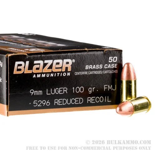 1000 Rounds of 9mm Ammo by Blazer Brass Reduced Recoil - 100gr FMJ