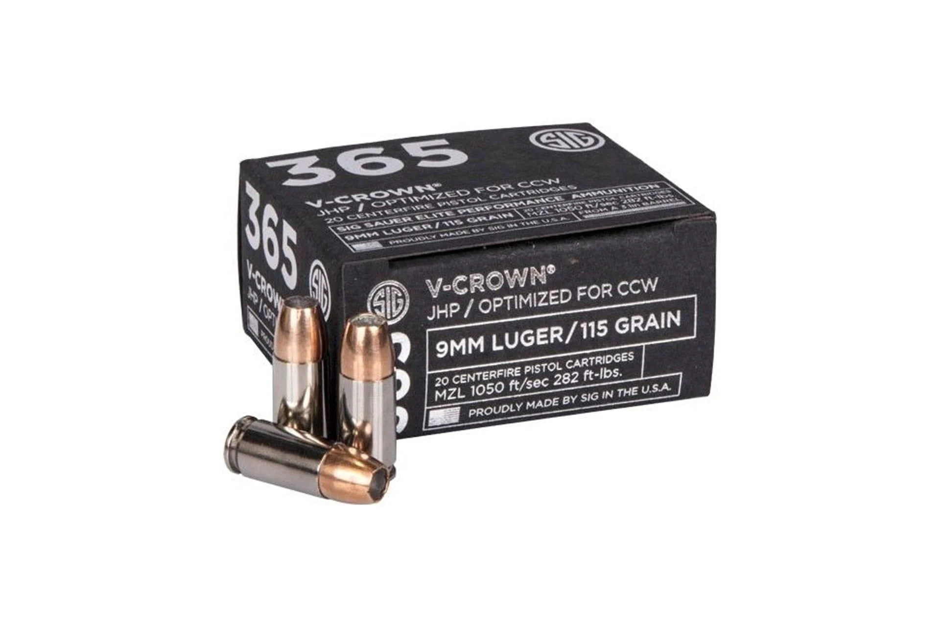 SIG Sauer 365 9mm Ammo 115 Grain Elite V-Crown JHP Ammo Handgun Ammo - 20 Rounds - E9MMA1-365-20