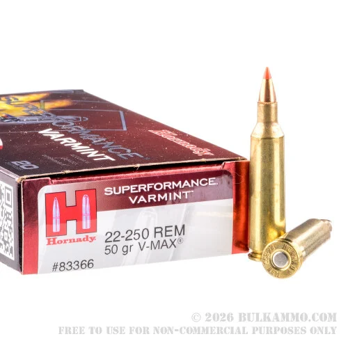 200 Rounds of .22-250 Rem Ammo by Hornady Superformance - 50gr V-MAX