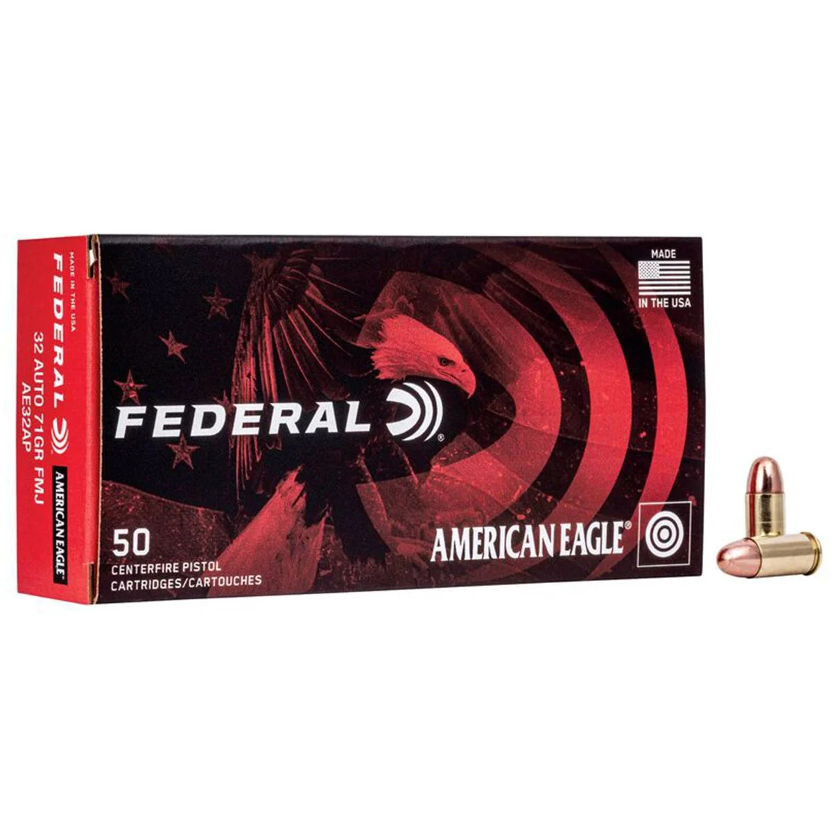 Federal Ammunition AE32AP American Eagle 32 ACP 71 gr Full Metal Jacket (FMJ) Handgun Ammo - 50 Rounds - AE32AP