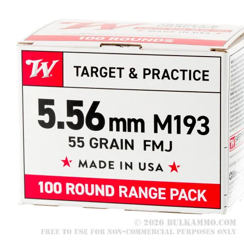 100 Rounds of 5.56x45 Ammo by Winchester USA - 55gr FMJ M193