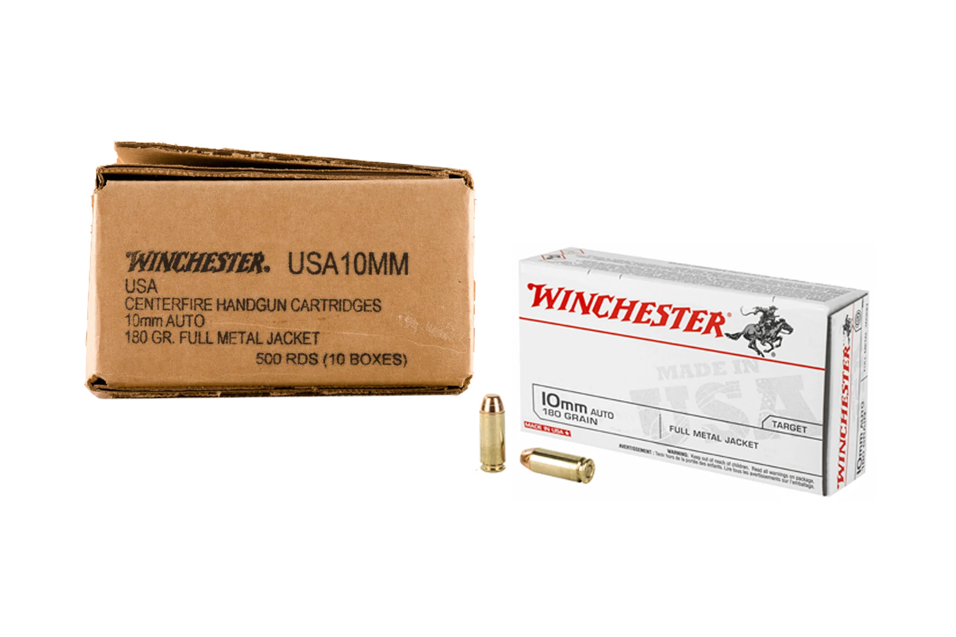 Winchester USA10MM 180 Grain 10mm FMJ Handgun Ammunition - 500 round case - USA10MM