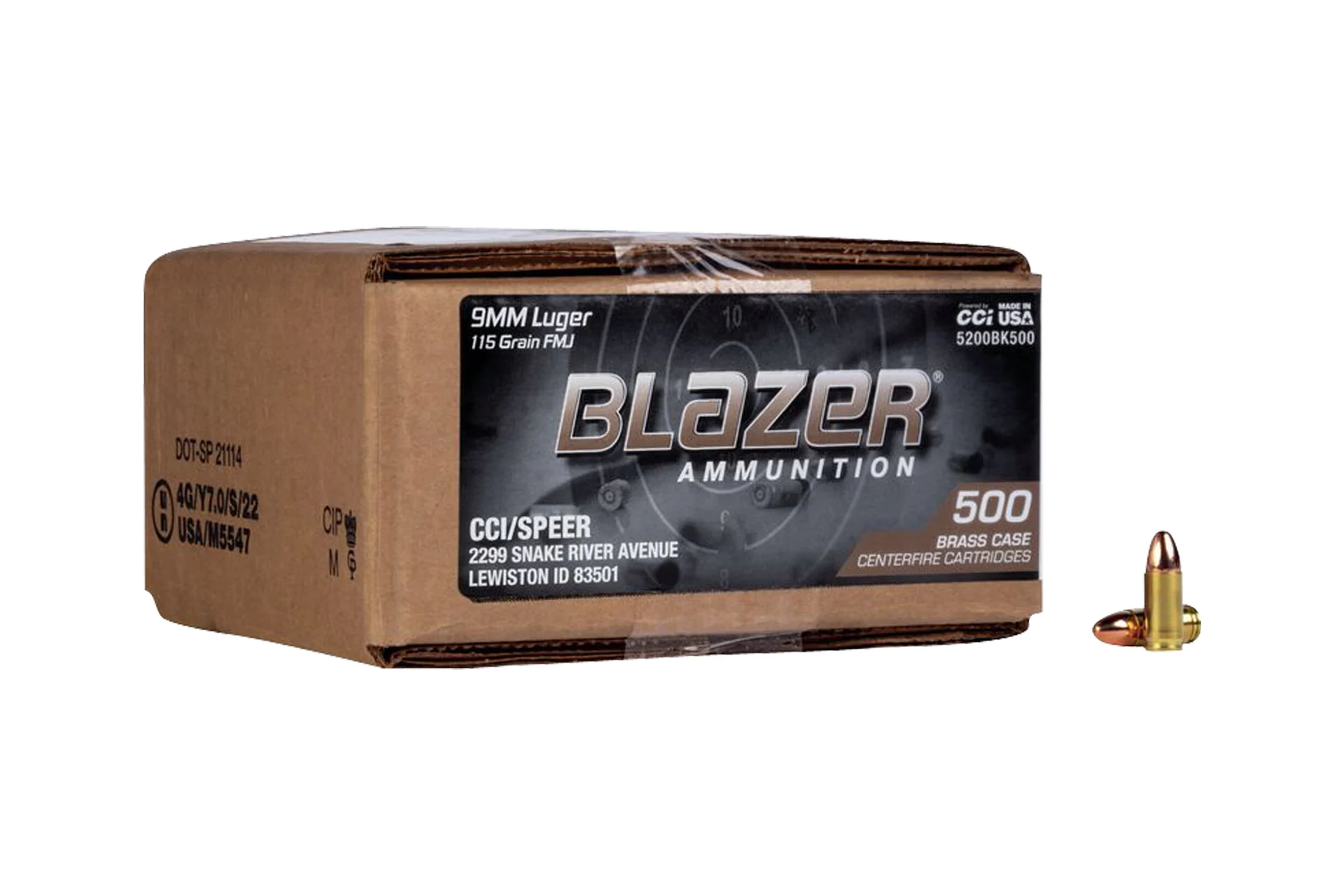 CCI 5200 Blazer Brass 9mm 115 GR FMJ Handgun Ammo - 500 Rounds - 5200BK500