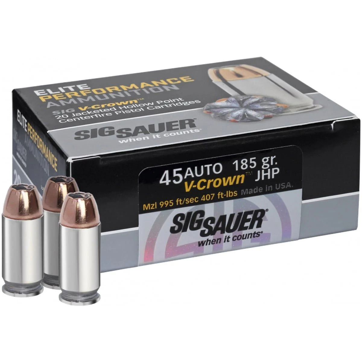 Sig E45AP0-50 Elite Performance 45 ACP Auto Ammo 185 Grain V-Crown Jacketed Hollow Point Handgun Ammo - 50 Rounds - E45AP0-50