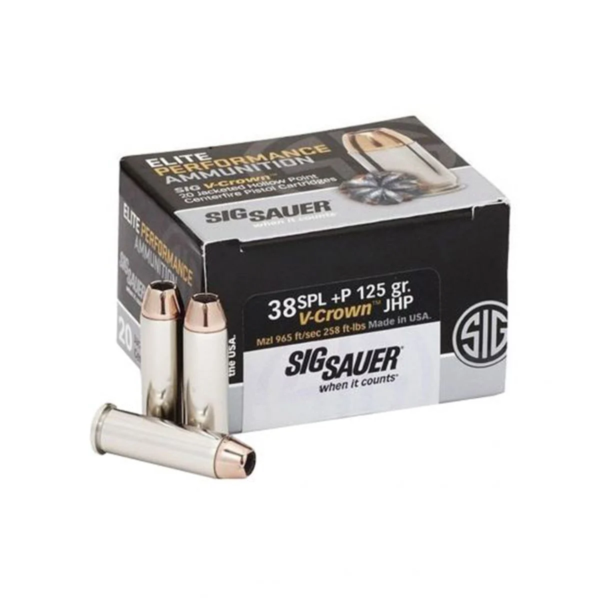 Sig Sauer E38SP1-20 38SPL Elite Performance V-Crown Ammo, 125Gr, JHP, 200Rd