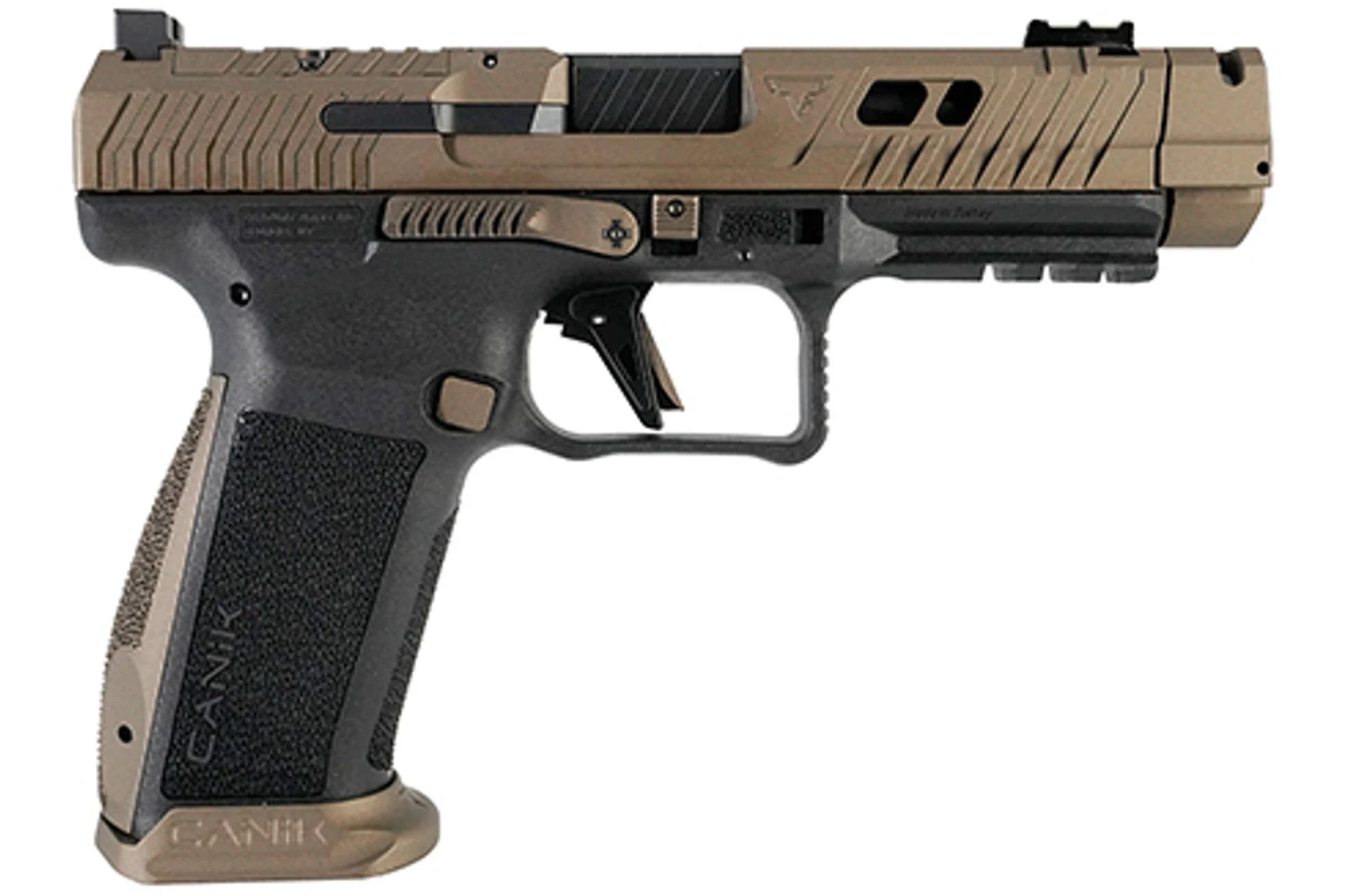 Canik TTI Combat Full Size Frame 9mm Luger 18+1 4.60" Black Nitride Fluted/Ported Barrel Burnt Bronze Cerakote Optic Cut/Serrated Steel Slide - HG7854N