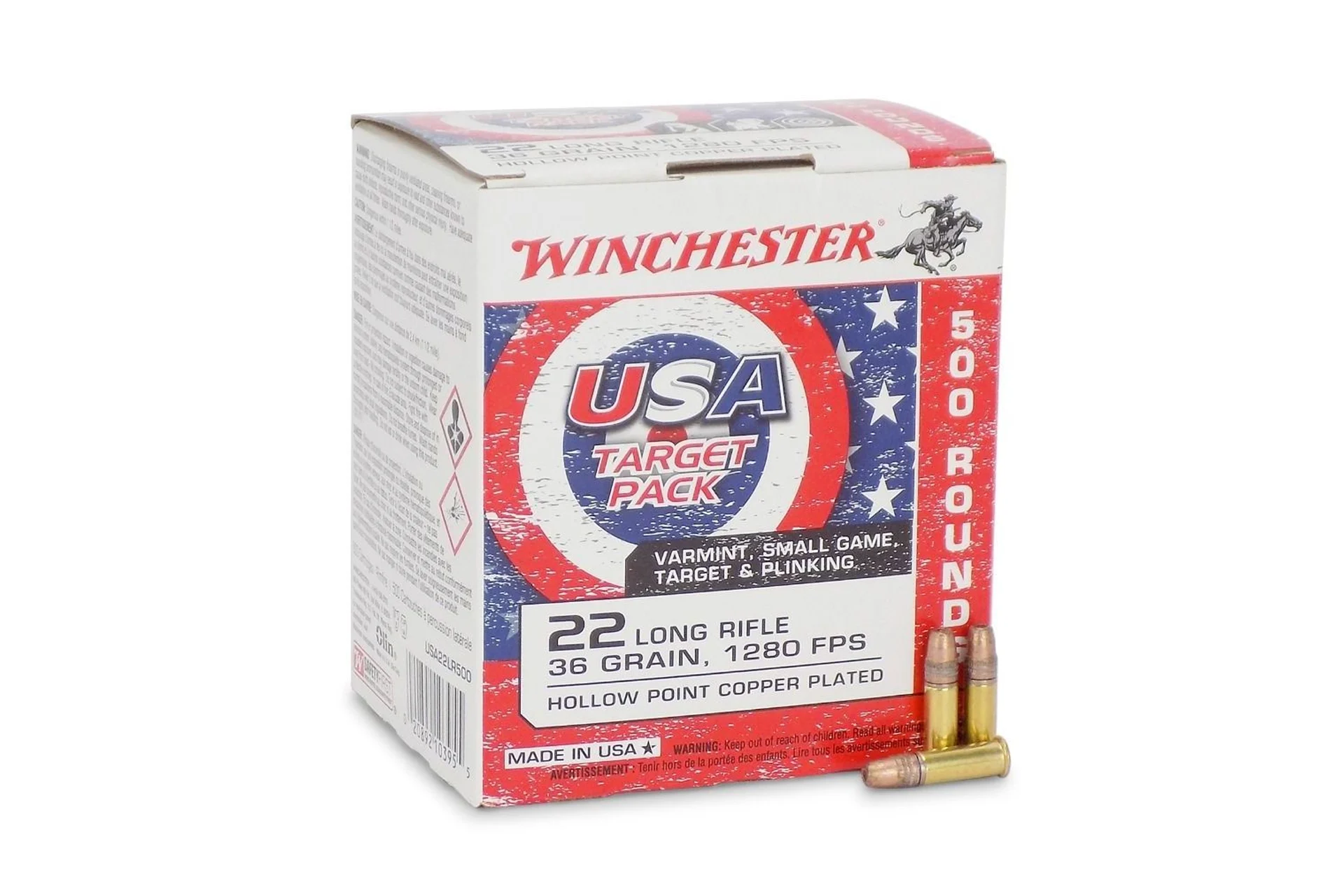 Winchester USA .22LR 36gr Copper Plated Hollow Point Rimfire Ammo - 500 Rounds - USA22LR500