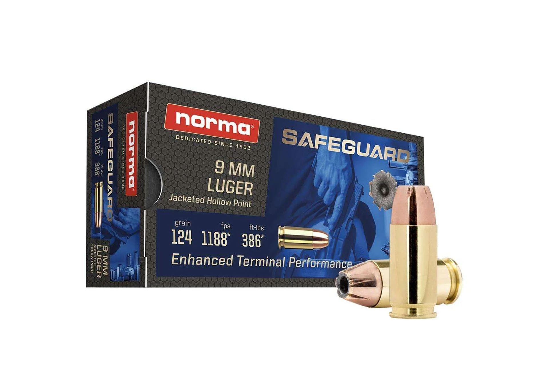 Norma Safeguard 9mm 124 Grain Jacketed Hollow Point Handgun Ammo - 50 round box - 801907288