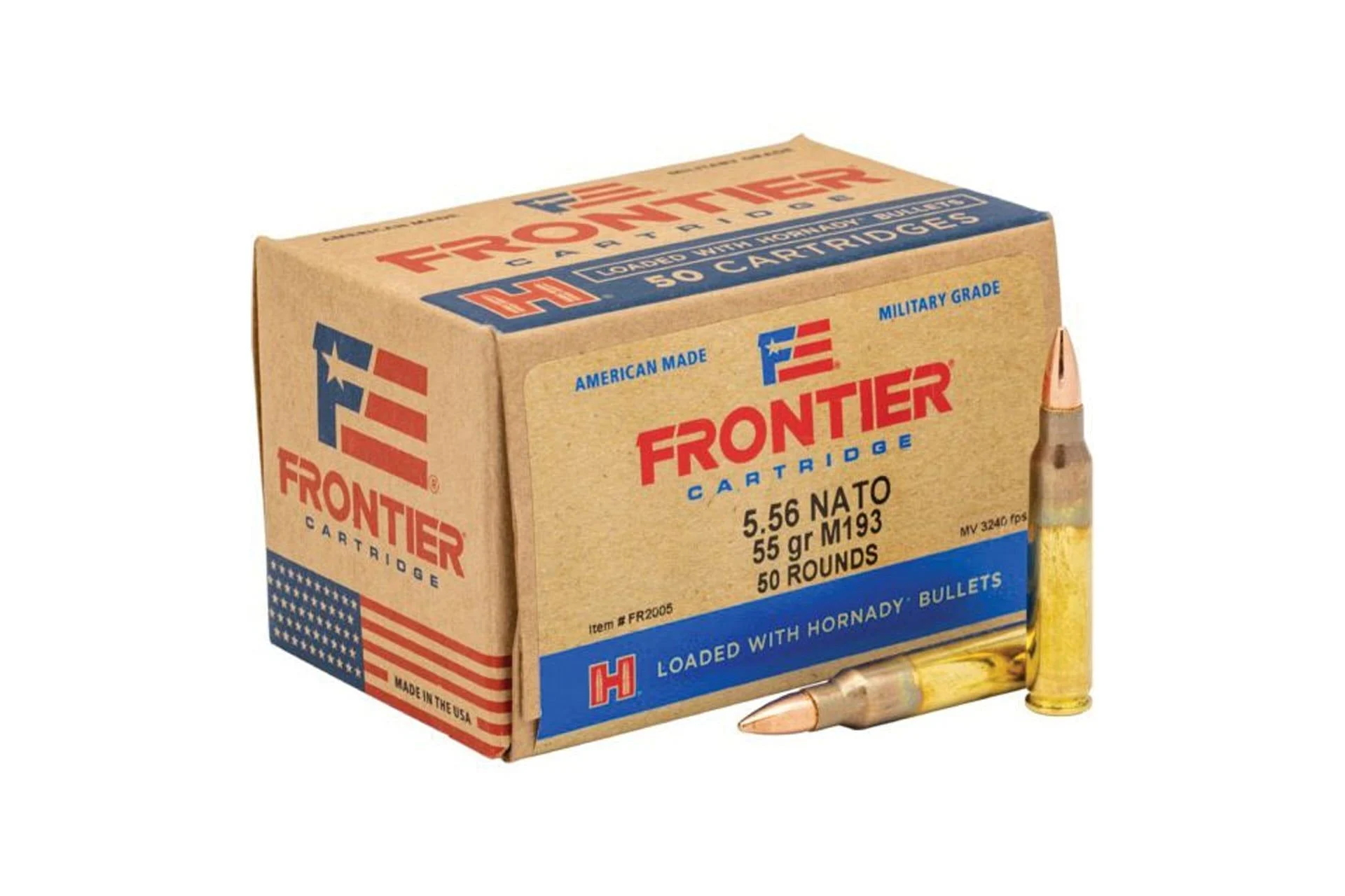 Hornady FR2005 Frontier 5.56mm NATO M193 55 Grain Full Metal Jacket Rifle Ammo - 50 Round Box - FR2005