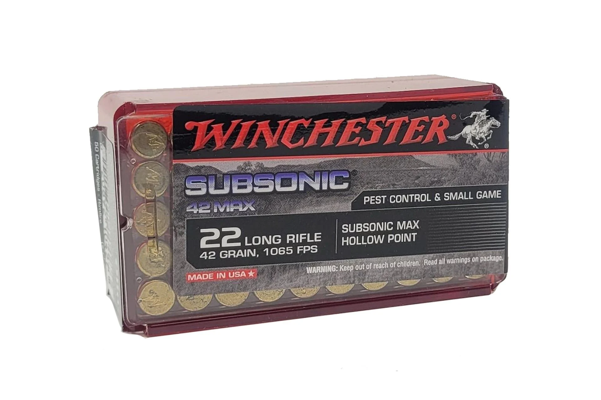 Winchester 42 Max Subsonic 22 Long Rifle 42gr HP Rimfire Ammo - 50 Rounds - W22SUB42