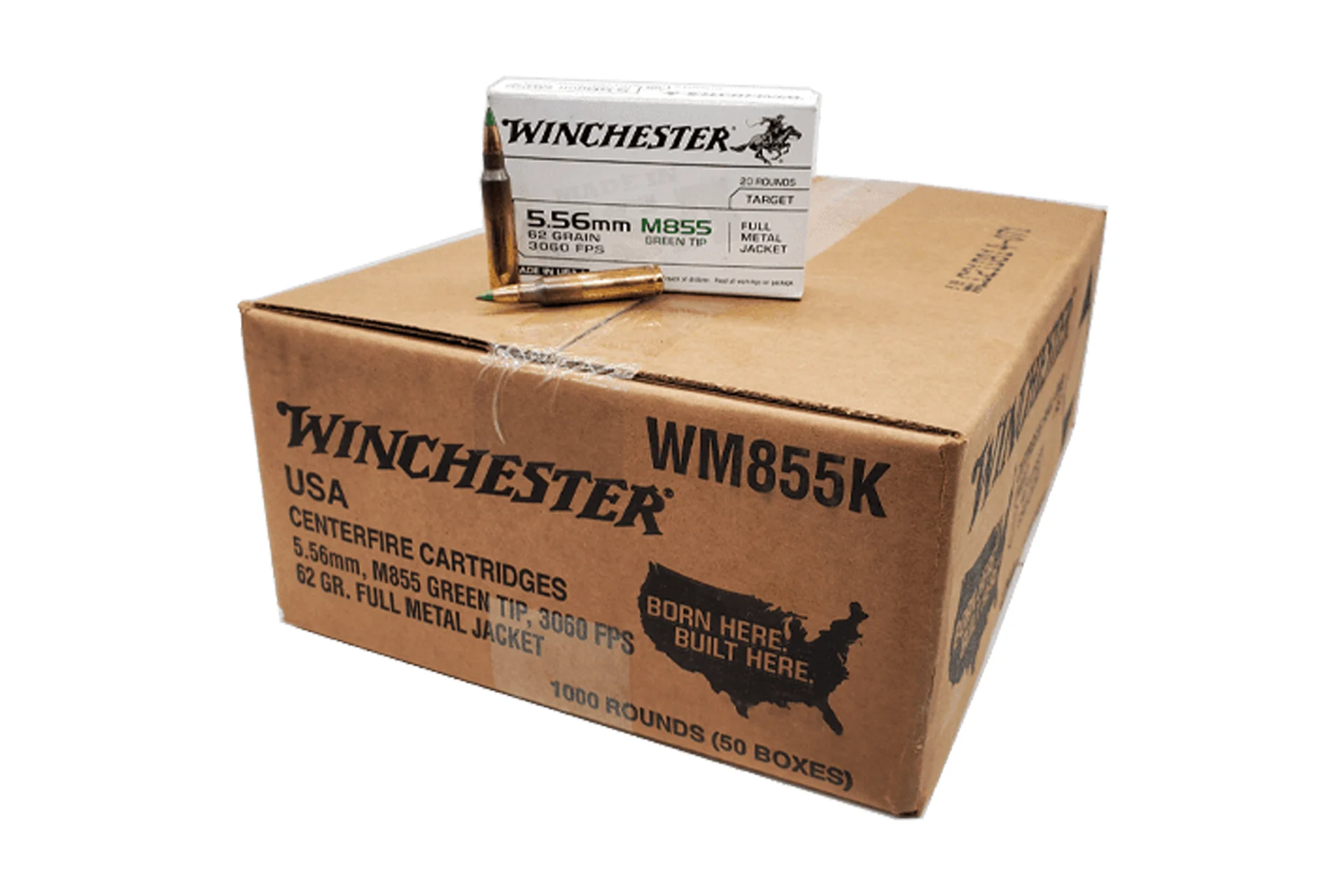 Winchester WM855K 5.56 NATO 62gr FMJ Green Tip Rifle Ammo - 1000 round case - WM855K
