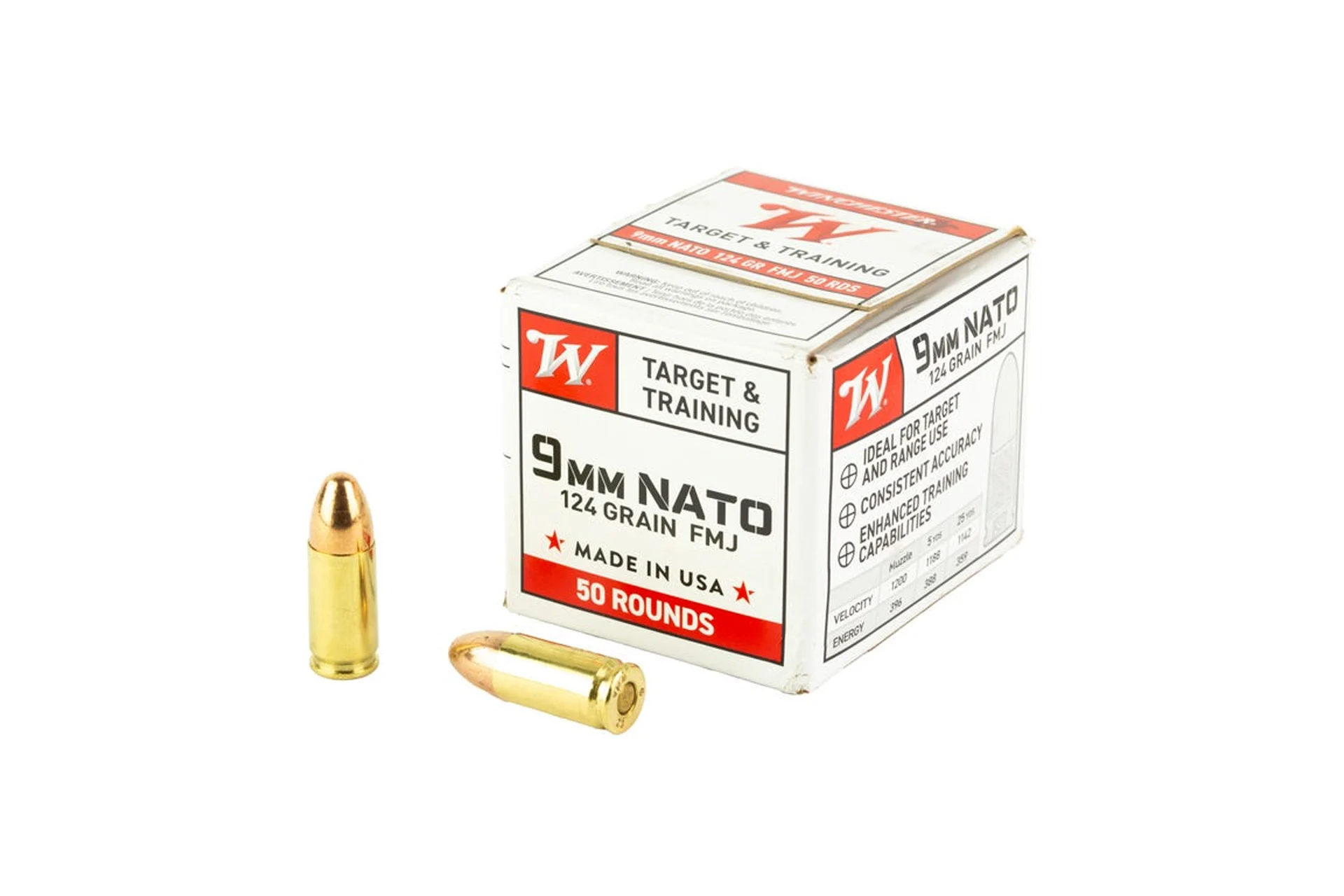Winchester USA Target 9mm NATO FMJ 124Gr Ammo - 50 round box - W9NATO50