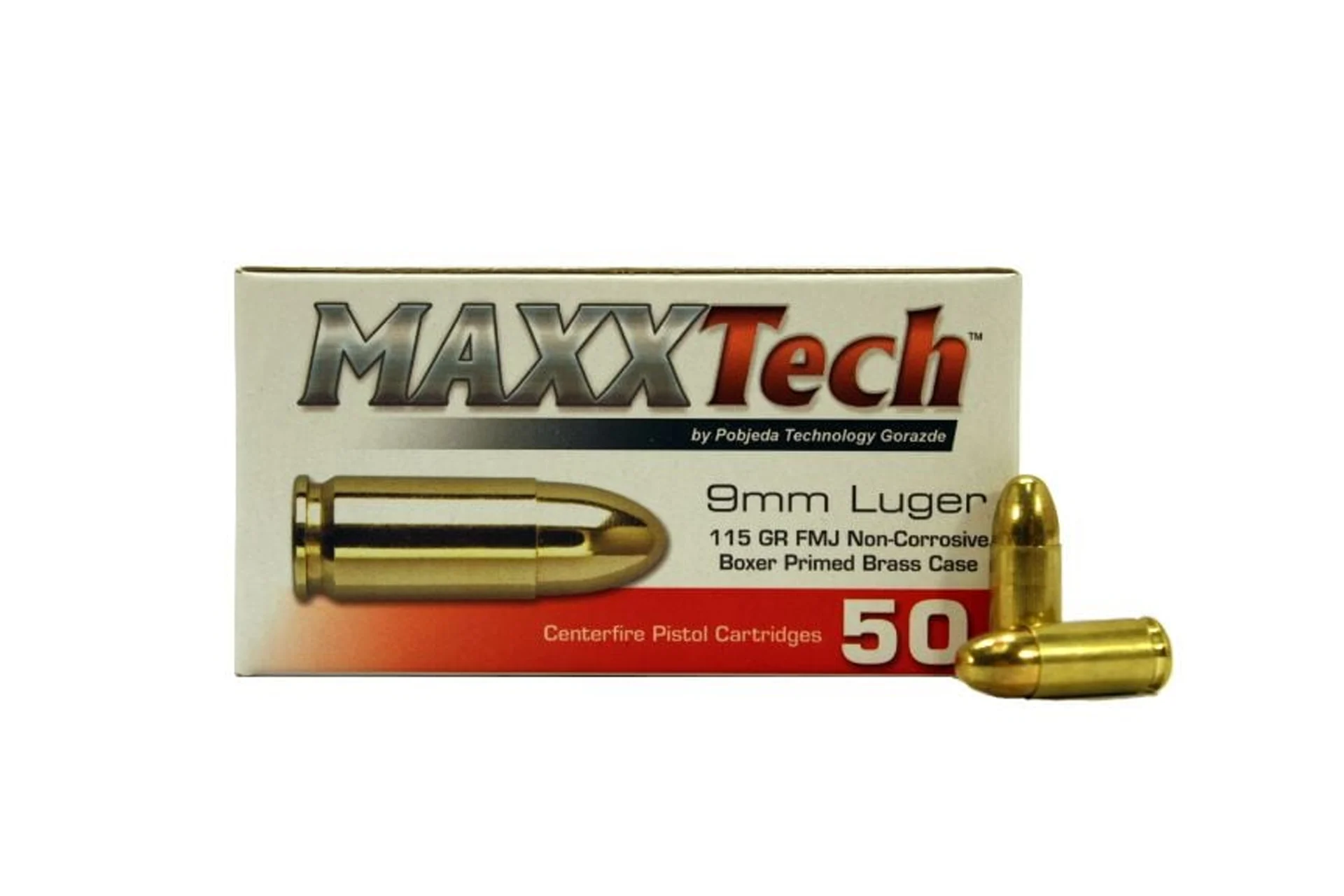 Maxxtech 9mm Luger 115 Grain Full Metal Jacket Handgun Ammo - 50 round box - PTGB9MMB
