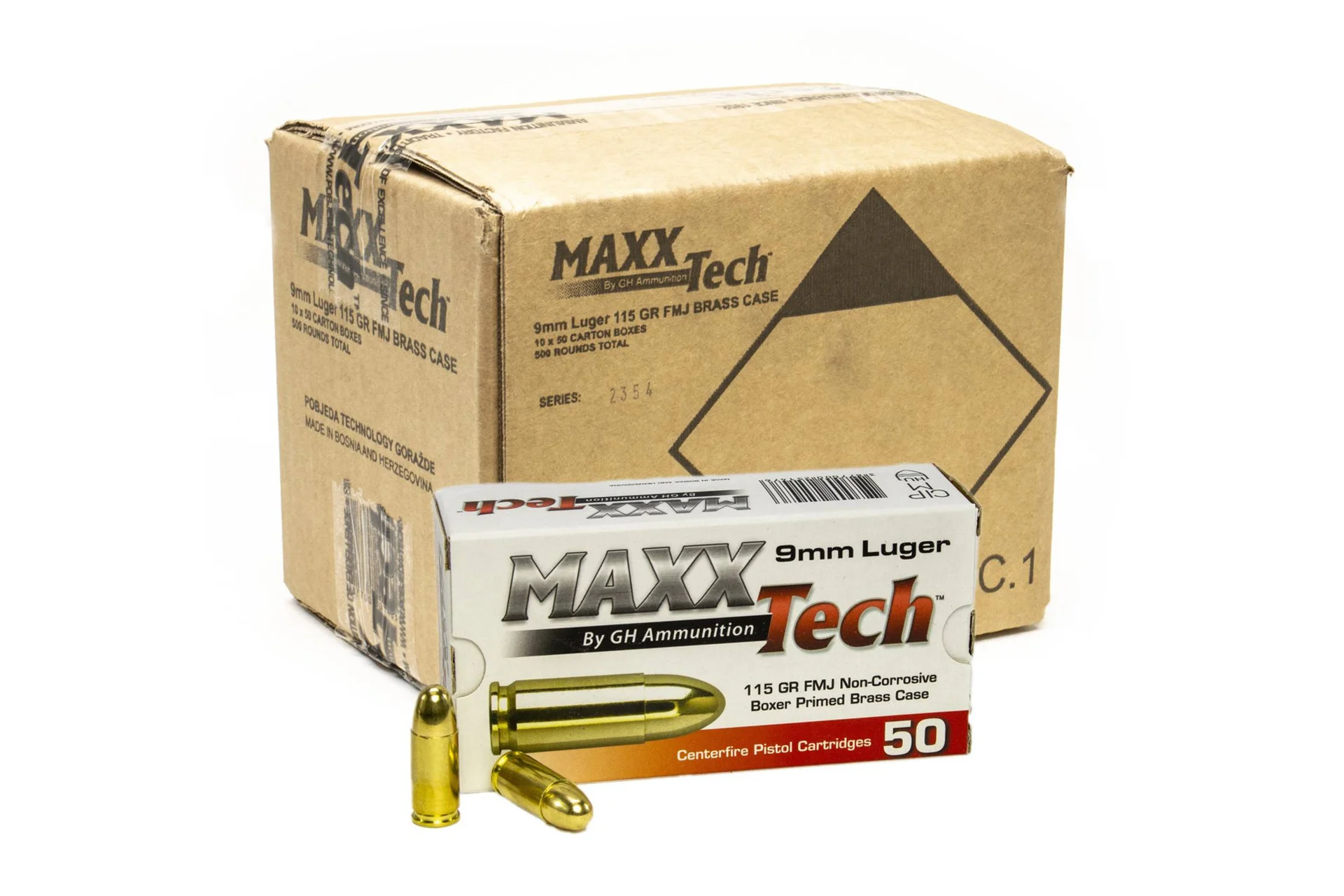 Maxxtech 9mm Luger 115 Grain Full Metal Jacket Handgun Ammo - 500 round case - PTGB9MMB