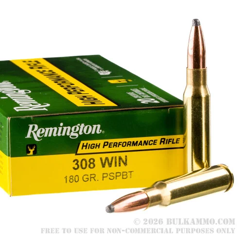 20 Rounds of .308 Win Ammo by Remington High Performance Rifle - 180gr PSP BT