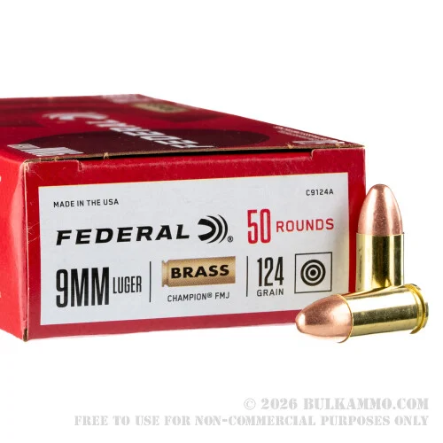 50 Rounds of 9mm Ammo by Federal Champion - 124gr FMJ