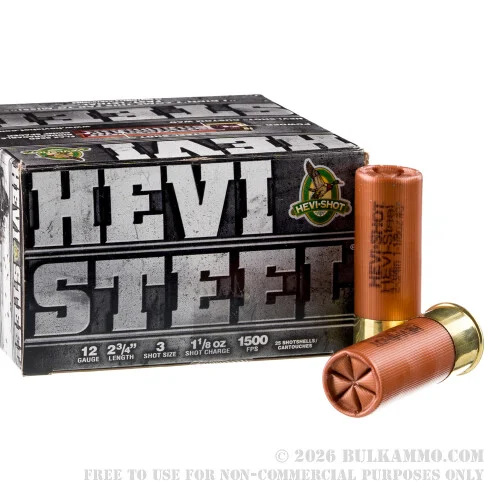25 Rounds of 12ga Ammo by Hevi-Steel - 1-1/8 ounce #3 steel shot