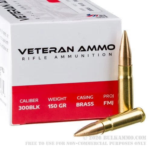 50 Rounds of .300 AAC Blackout Ammo by Veteran Ammo - 150gr FMJ
