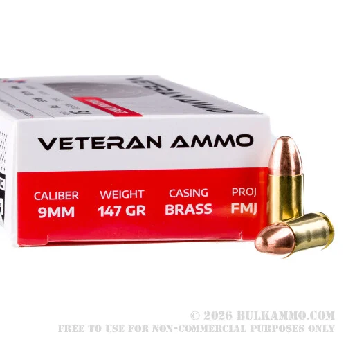 50 Rounds of 9mm Ammo by Veteran Ammo - 147gr FMJ