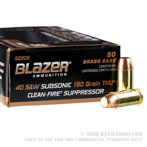 50 Rounds of .40 S&W Ammo by Blazer Brass Clean-Fire Suppressor - 180gr TMJ