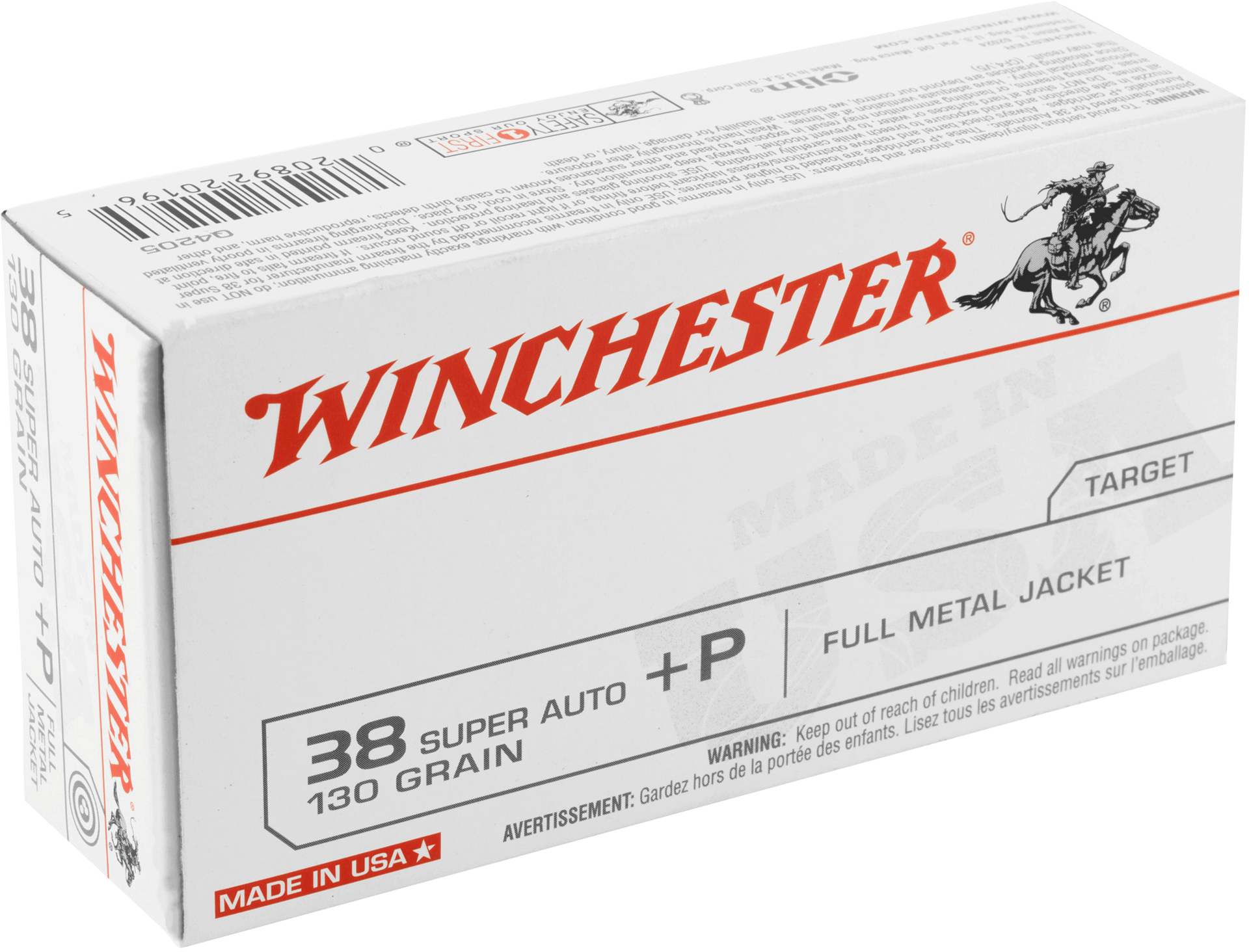 Winchester Ammunition USA 38 Super 130 Grain Full Metal Jacket +P Handgun Ammo - 50 Rounds - WNQ4205BX