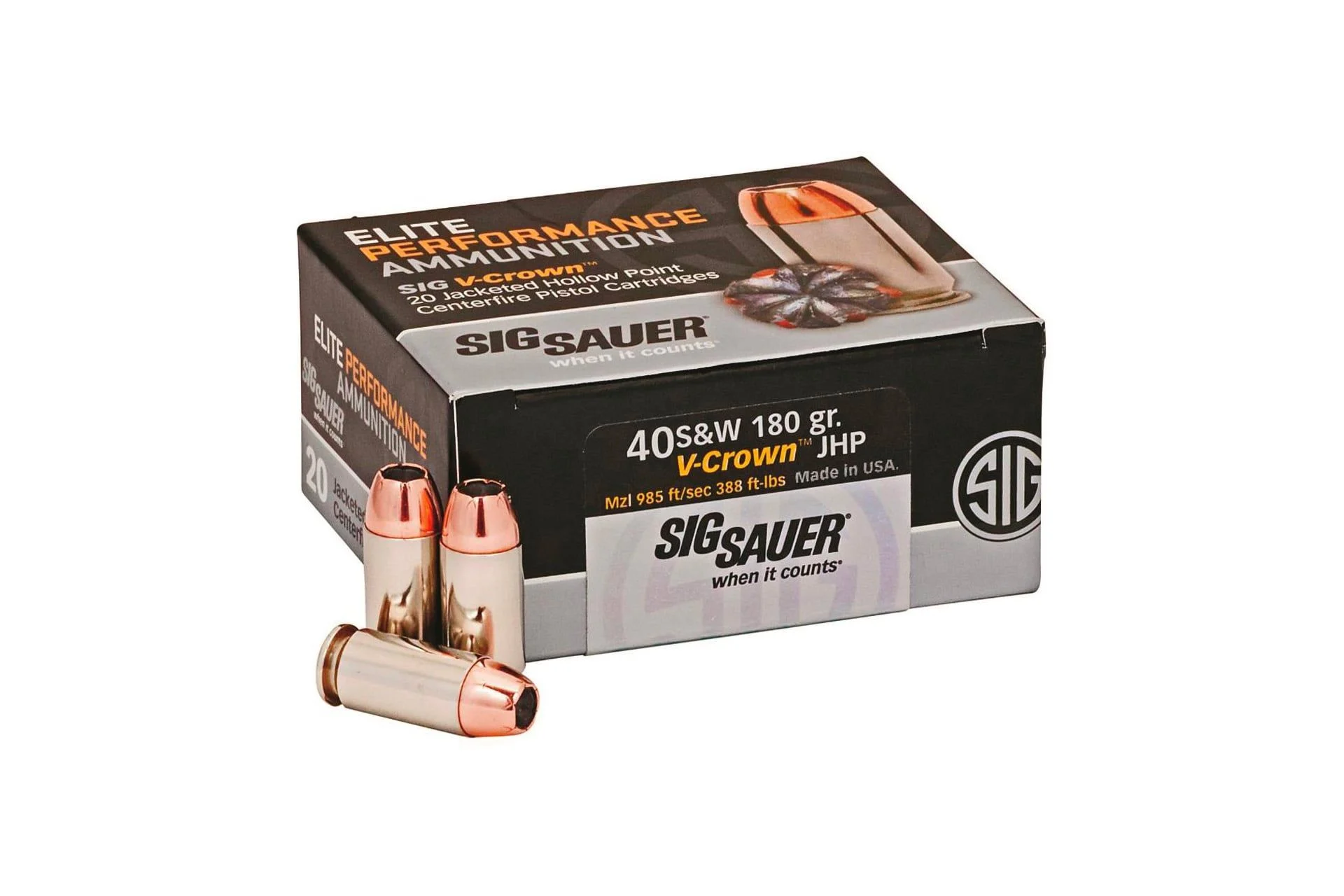 SIG Sauer Elite 40 S&W Luger V-Crown JHP 180 Grain Ammo Handgun Ammo - 20 Rounds - E40SW2-20