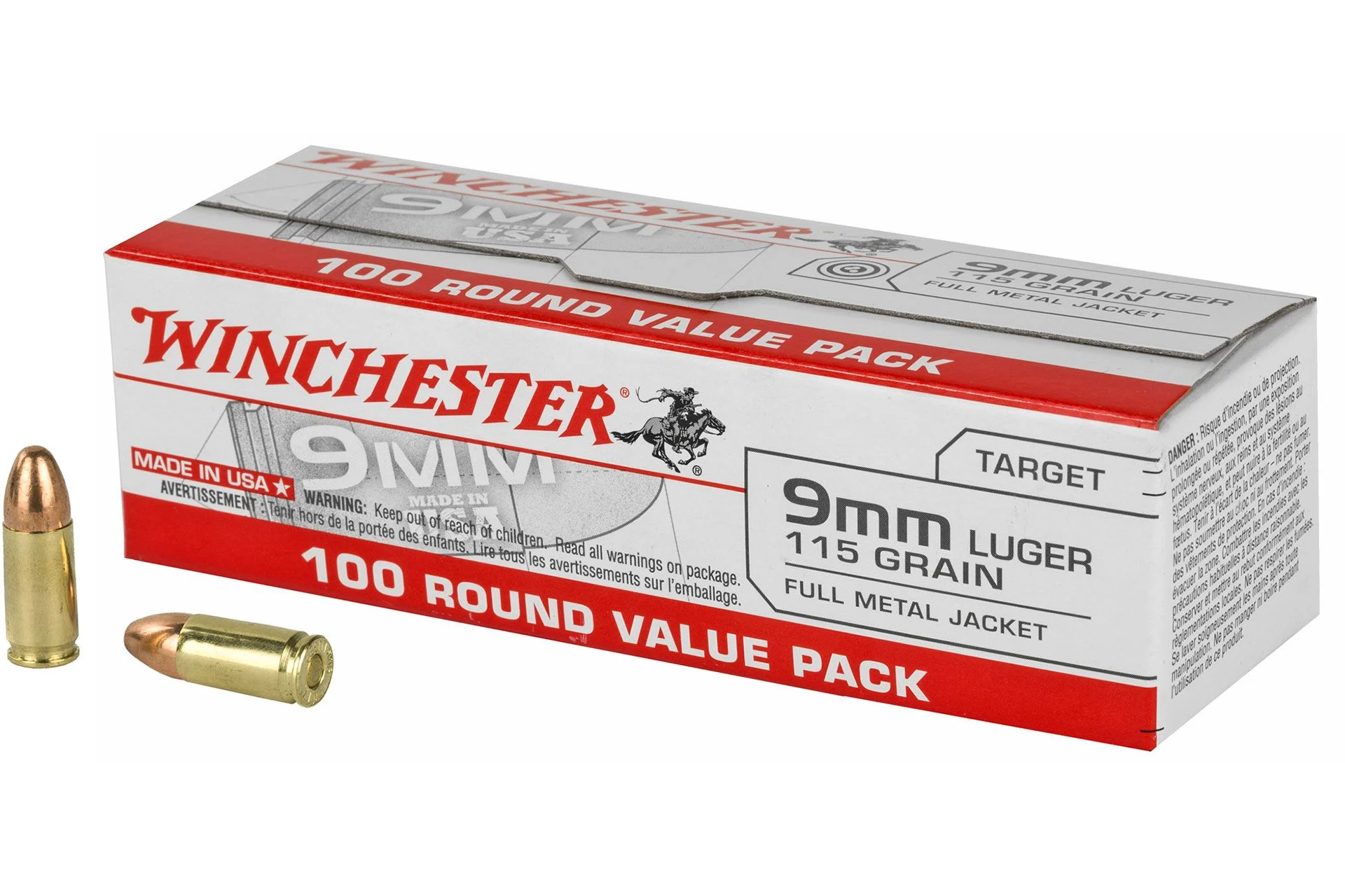Winchester Ammunition USA 9MM 115 Grain Full Metal Jacket Handgun Ammo - 100 Rounds - WNUSA9MMVPY