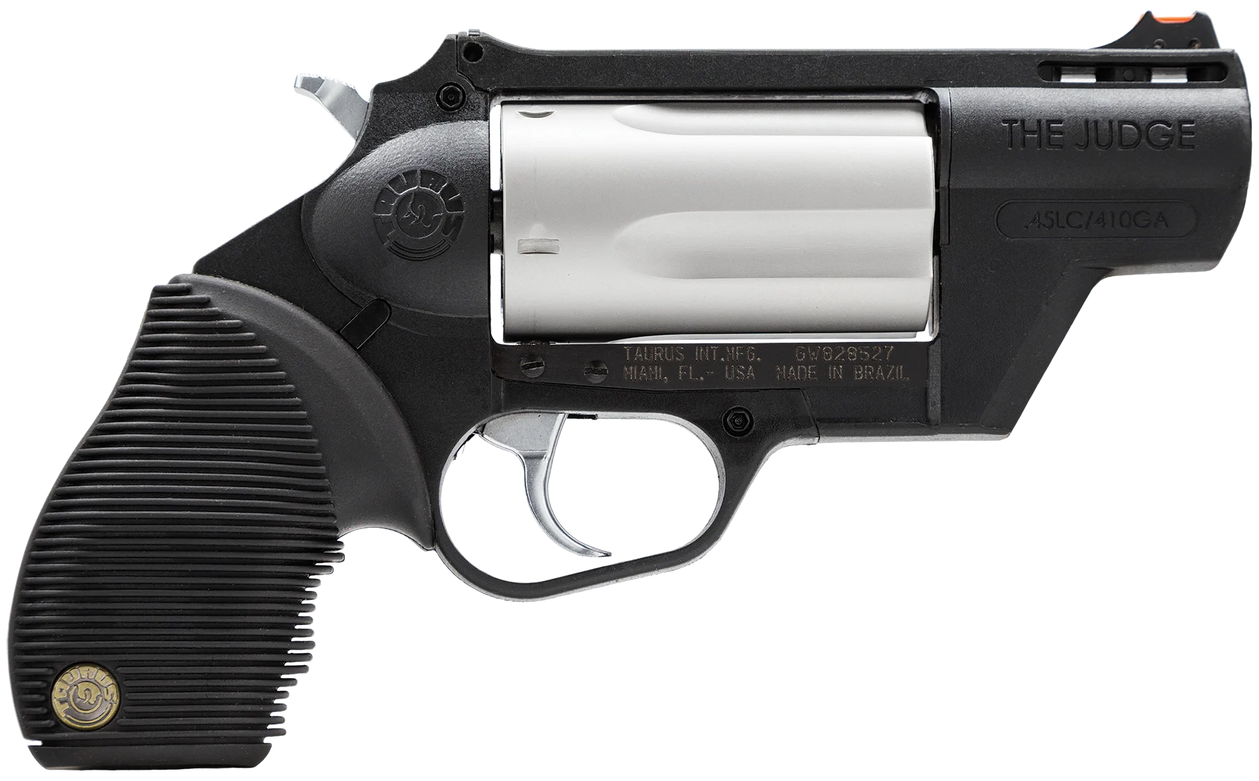 Taurus 45/410 Judge Public Defender Revolver 2441029TCPLY, 410/45 Long Colt, 2 in, Ribber Grip Overlay Grip, Stainless Finish, 5 Rd