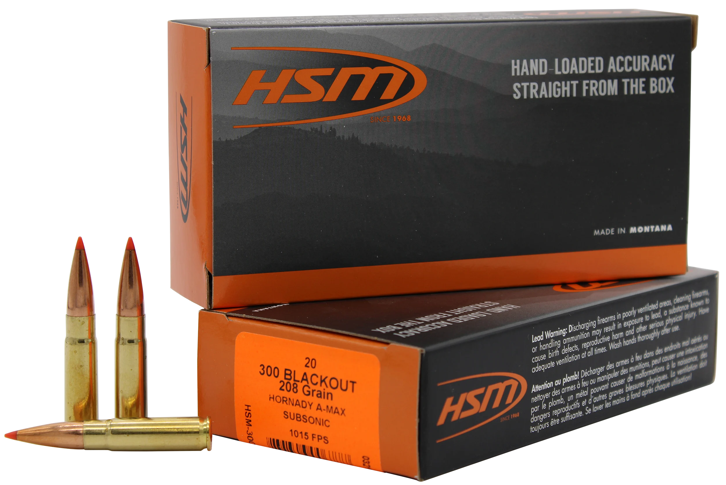 HSM Custom Plus Rifle Ammunition 300BLK-1-N, 300 AAC Blackout, Hornady A-Max Subsonic, 208 GR, 1015 fps, 20 Rd/bx