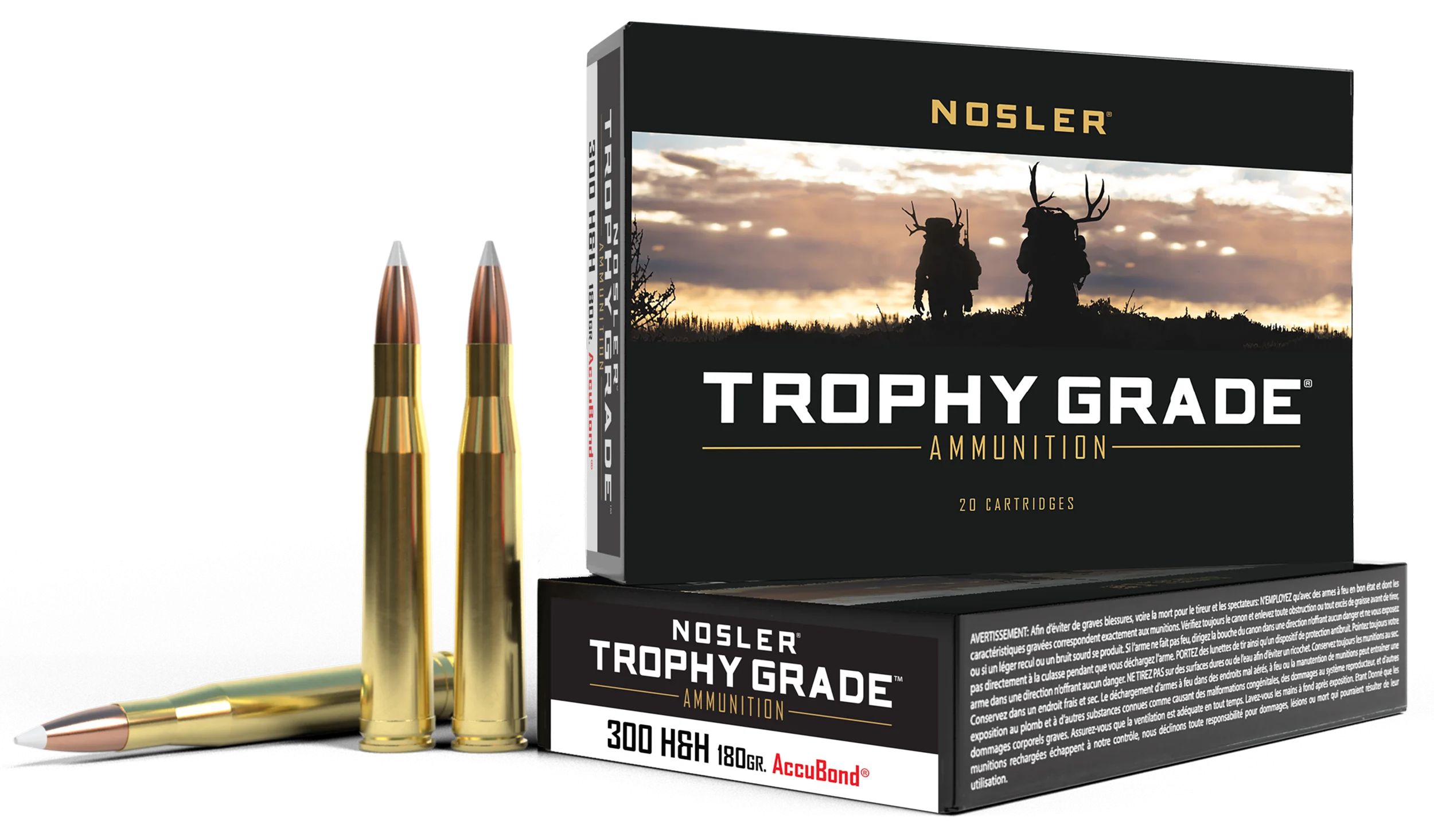 Nosler Trophy Grade Rifle Ammunition 60060, 300 Holland H&H Magnum, AccuBond, 180 GR, 2950 fps, 20 Rd/bx