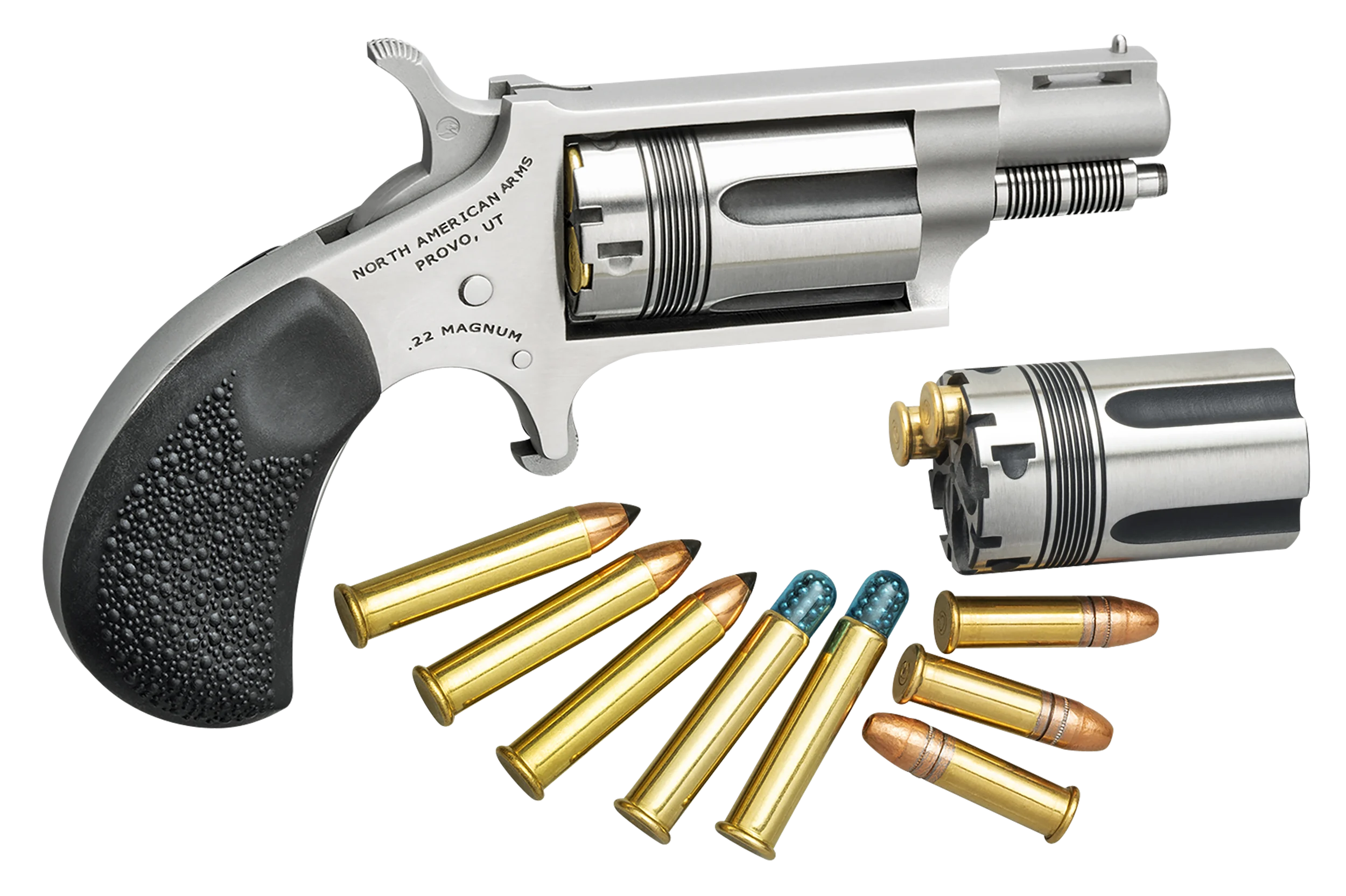 North American Wasp Revolver 22 Mag 22MCTW, .22 LR/22 WMR, 1.625", Rubber Grip, Stainless Finish, Fixed Sights, 5 Rd