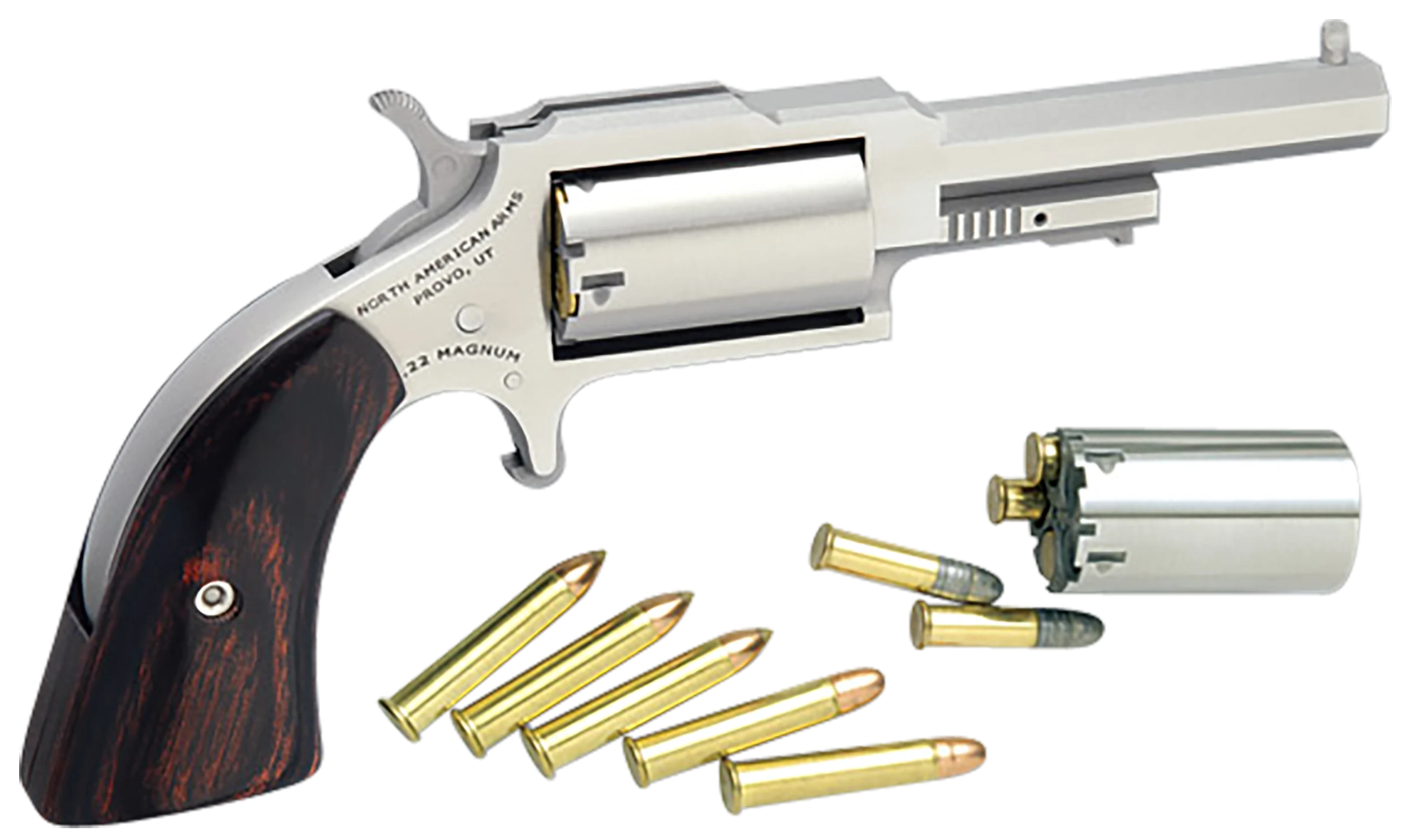 North American Arms Sheriff Revolver 1860250C, 22 Long Rifle/22 Magnum, 2.5 in, Wood Grip, Satin Stainless Finish, 5 Rd