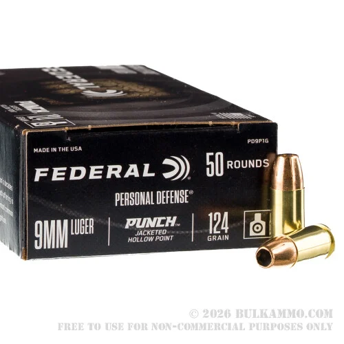 50 Rounds of 9mm Ammo by Federal Punch - 124gr JHP
