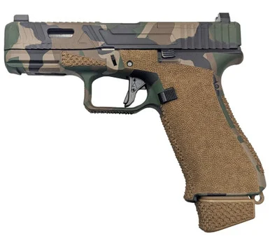 Agency Arms Glock 19X Bonesaw, M81 Woodland Cerakote, AOS Cut, 2 Surface Stipple, Many Other Upgrades