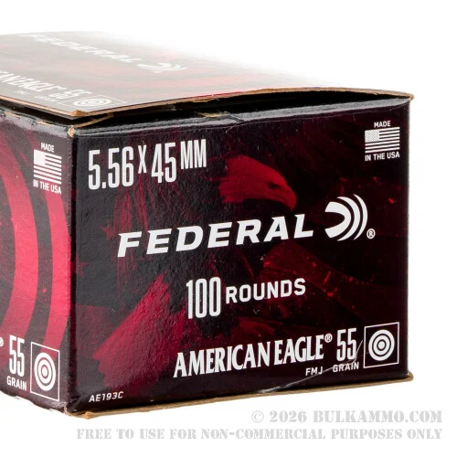 100 Rounds of 5.56x45 Ammo by Federal American Eagle - 55gr FMJBT