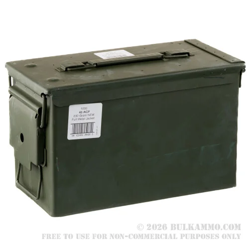 1000 Rounds of .45 ACP Ammo by American Quality Ammunition in Ammo Can - 230gr FMJ