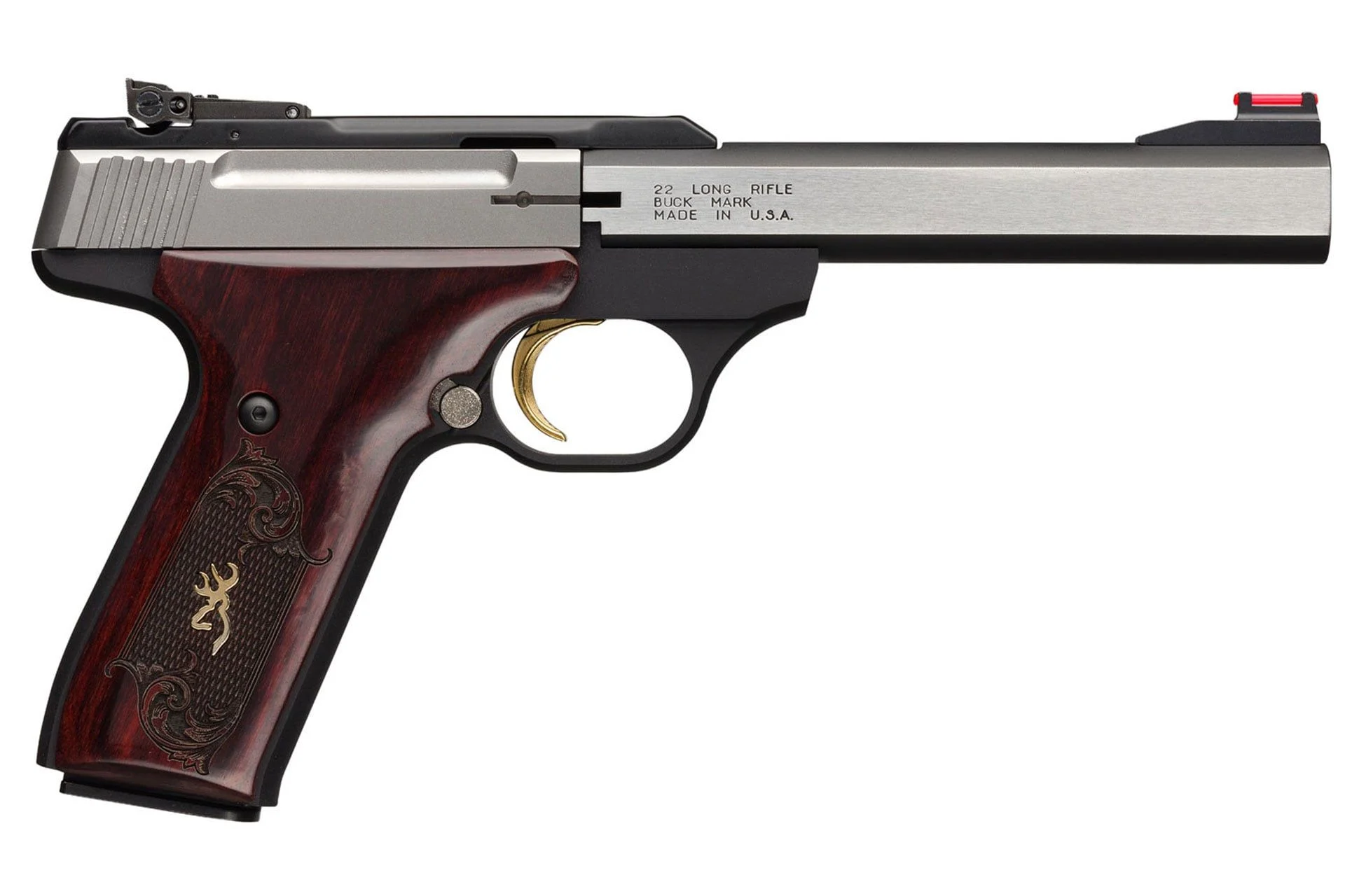 Browning Buck Mark, 22 LR 10+1 5.50" Blackened SS Slab Side Barrel, Stainless Steel Serrated SS Slide - 108000
