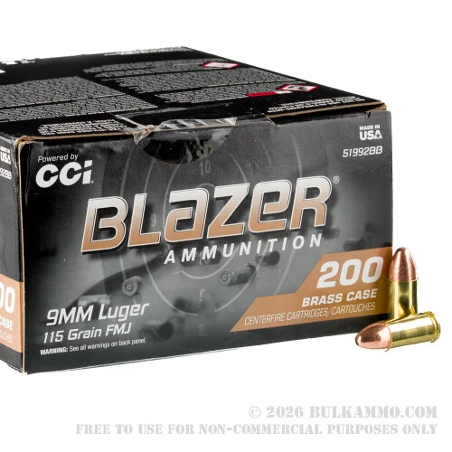 200 Rounds of 9mm Ammo by Blazer Brass - 115gr FMJ