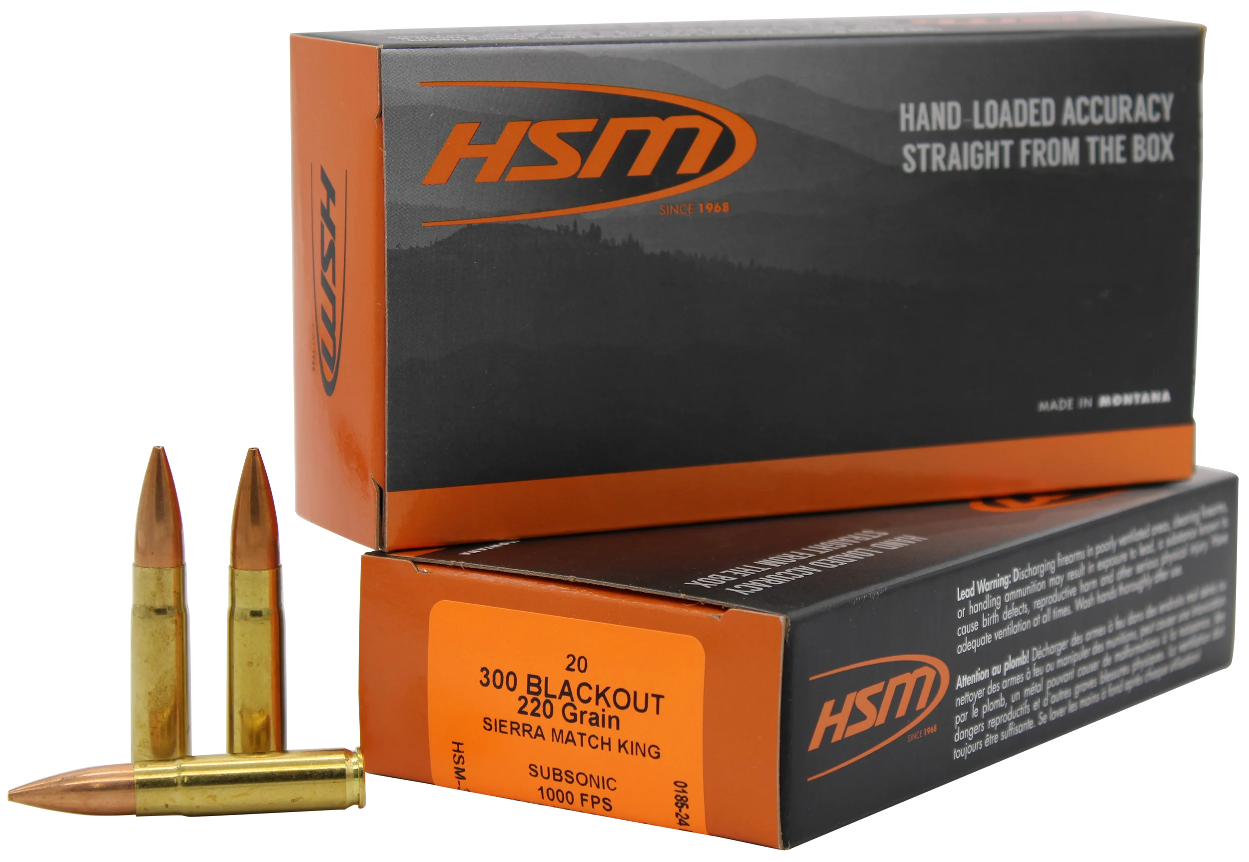 HSM Custom Plus Rifle Ammunition 300BLK-4-N, 300 AAC Blackout, HPBT Subsonic, 220 GR, 1030 fps, 20 Rd/bx