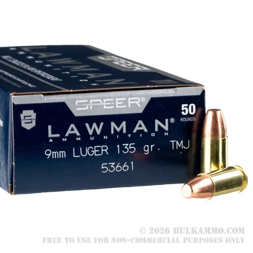 50 Rounds of 9mm Ammo by Speer Lawman - 135gr TMJ