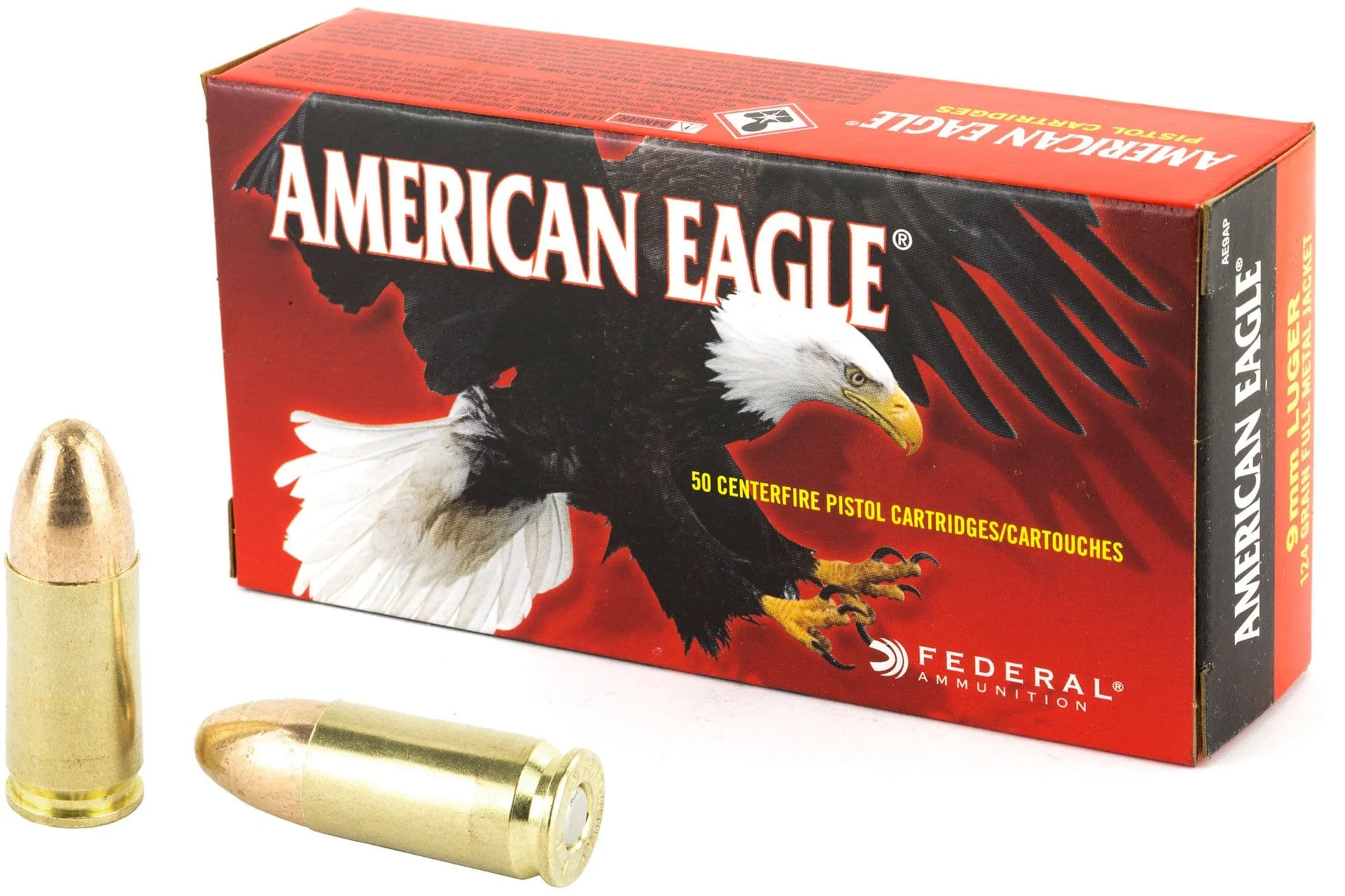 Federal American Eagle 9MM 124 Grain Full Metal Jacket Handgun Ammo - 50 Rounds - FEAE9APBX