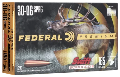 Federal P3006SS1 Premium, 30-06 Springfield, 165gr Swift Scirocco II, Nickel-Plated Brass