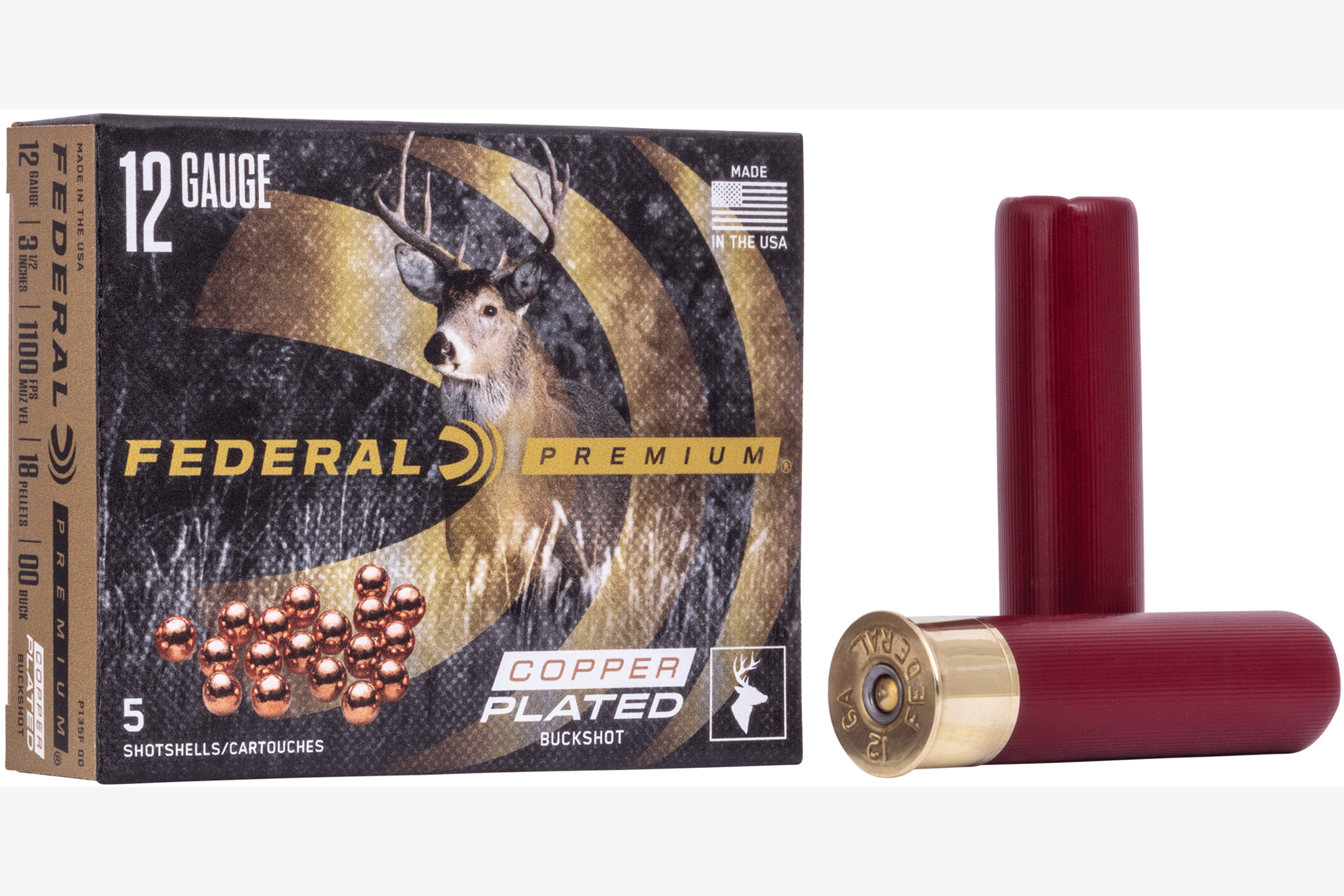 Federal Premium Vital Shok 12 Gauge 3.5 00 Buck 2 1/4oz Buckshot 18 Pellets Shotgun Ammo - 5 Rounds - FEP135F00