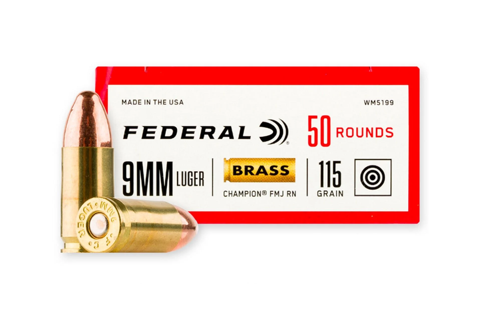 Federal Ammunition Champion Training 9mm 115 Grain FMJ Ammunition Handgun Ammo - 50 Rounds - WM5199