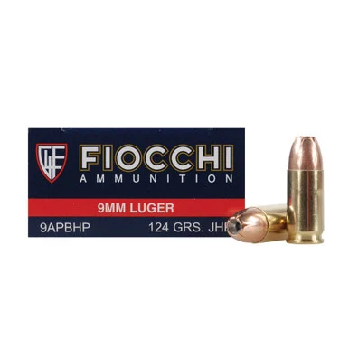 FIOCCHI 9mm Luger 124 Grain JHP Ammo, 50 Round Box (9APBHP)