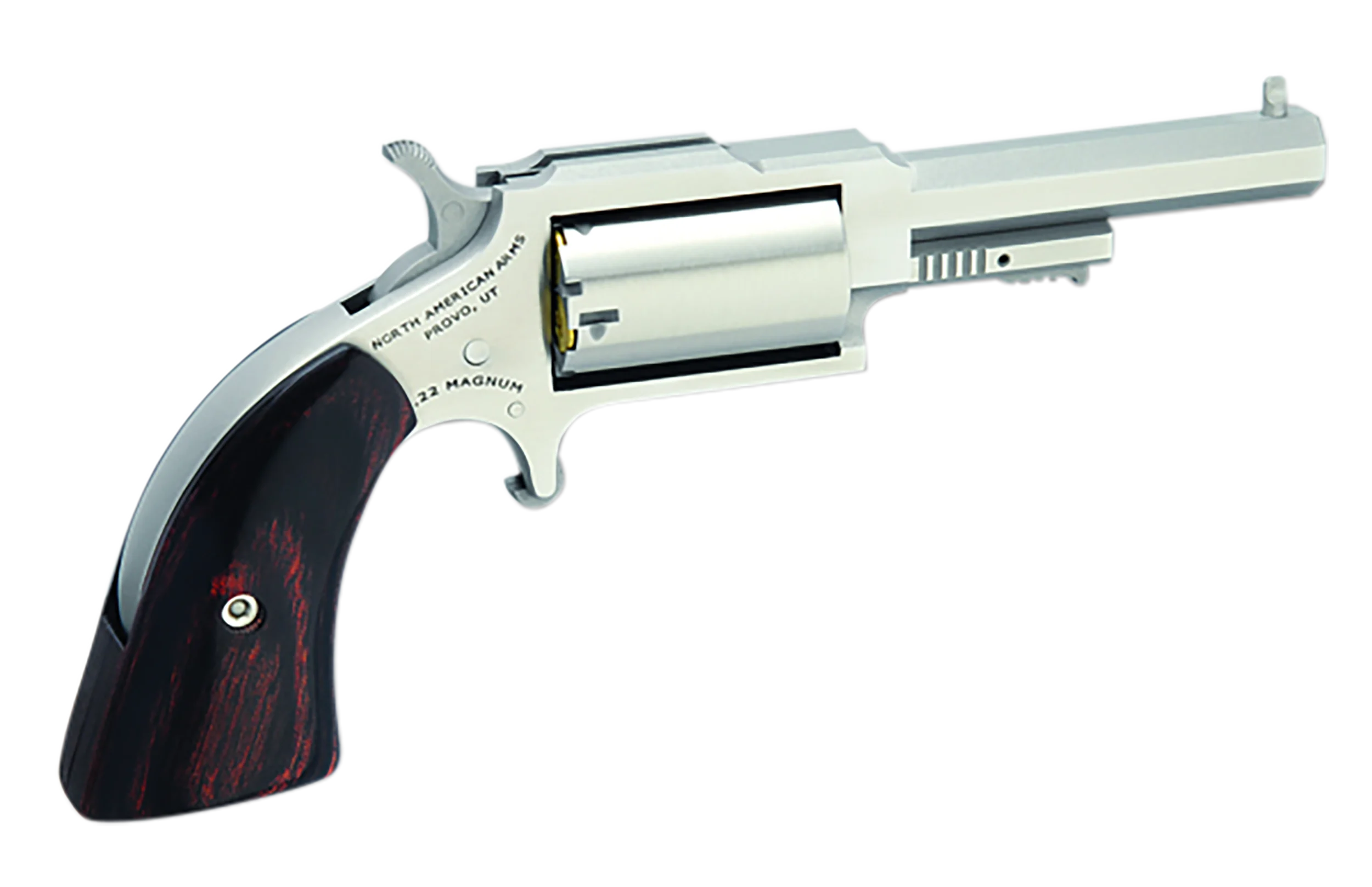 North American Arms Sheriff Revolver 1860250, 22 Magnum (WMR), 2.5 in, Wood Grip, Stainless Finish, 5 Rd