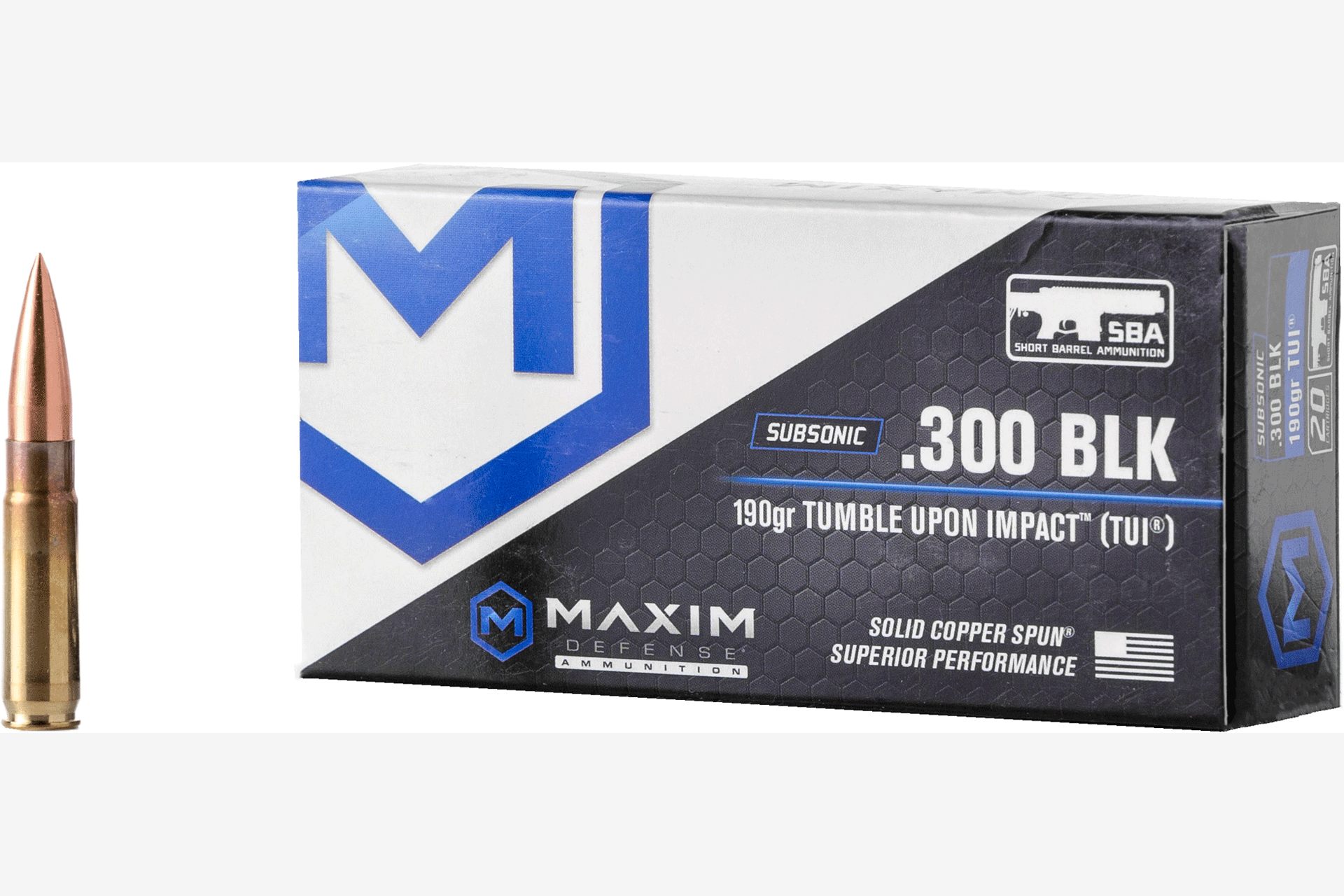 Maxim Defense Industries SBA 300 Blackout 190 Grain Solid Copper Bullet Rifle Ammo - 20 Rounds - MXM-49005