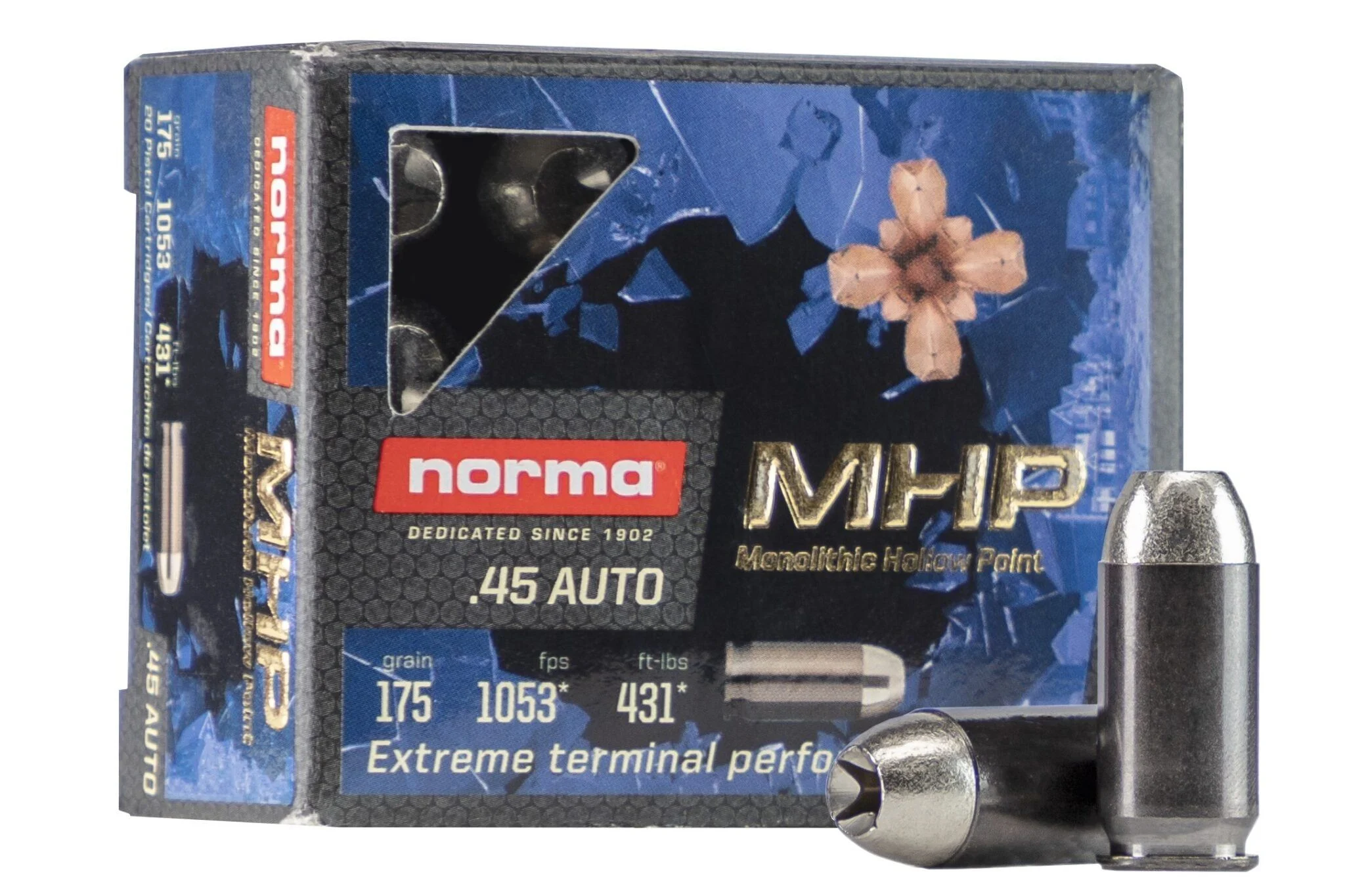 Norma Home Defense MHP Ammunition 45 ACP 175 Grain Solid Hollow Point Ammo - Handgun Ammo - 20 Rounds - 245720020