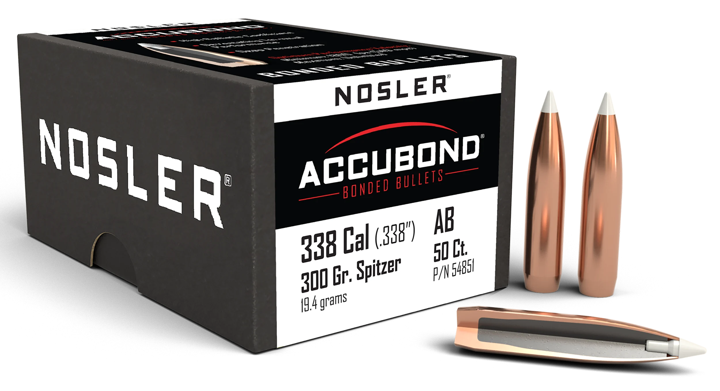 Nosler Accubond 338 Remington Ultra Magnum Caliber 300 Grain Spitzer 50/Box (54851), Not Loaded