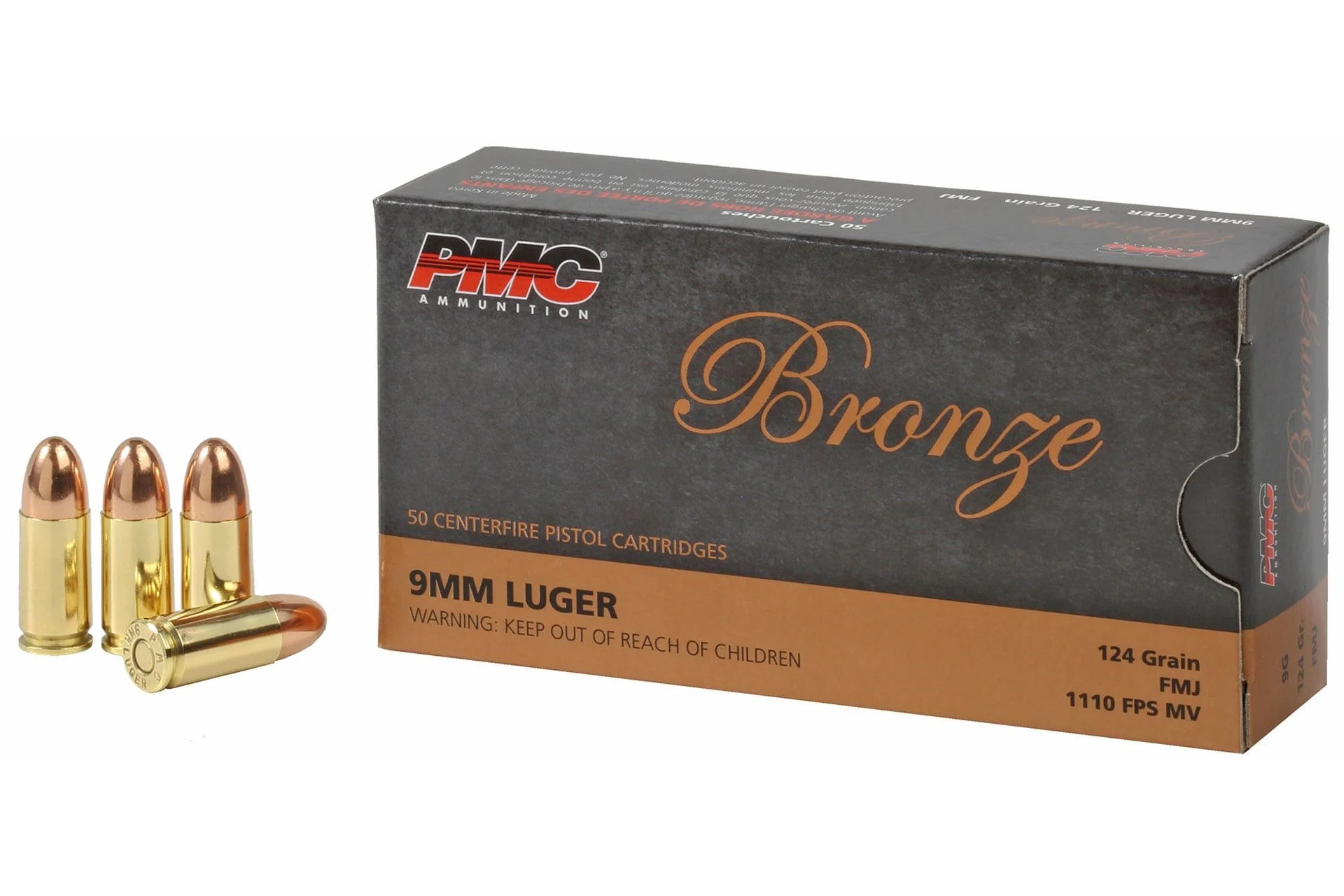 PMC 9G Bronze 9mm Luger Ammo 124 Grain Full Metal Jacket Ammo Handgun Ammo - 50 Rounds - PMC9G